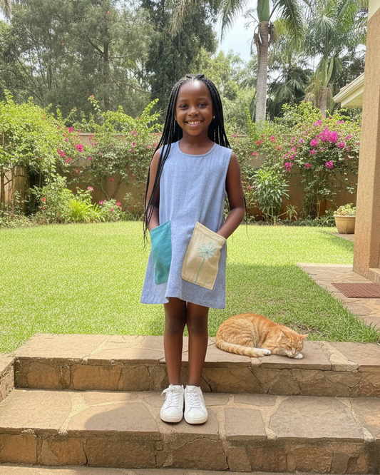 Young girl in the color block dress standing on steps