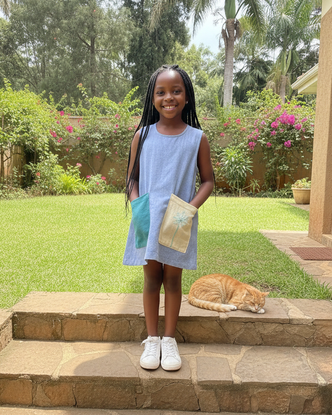 Young girl in the color block dress standing on steps 